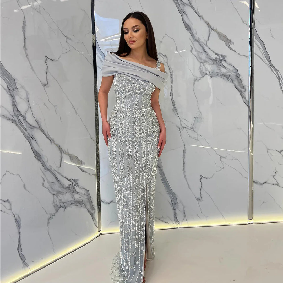 Elegant Off Shoulder Silver Evening Dress with Slit SS713 DreamyVow Elegant Off Shoulder Silver Evening Dress with Slit SS713 DreamyVow