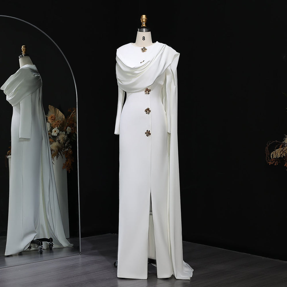 Elegant Off White Satin Arabic Evening Dress with Cape SF536