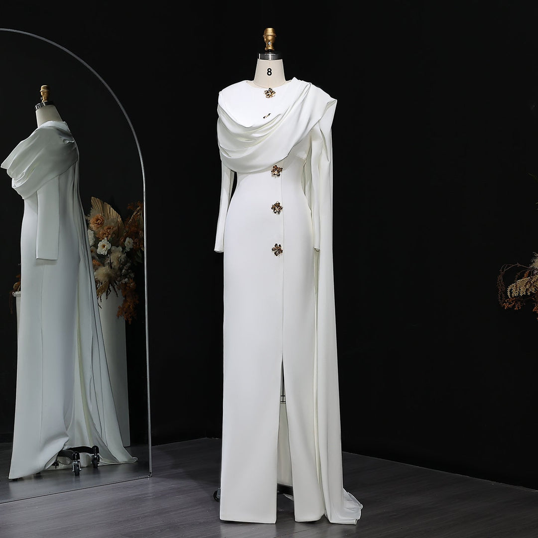 Elegant Off White Satin Arabic Evening Dress with Cape SF536