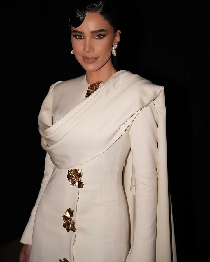 Elegant Off White Satin Arabic Evening Dress with Cape SF536
