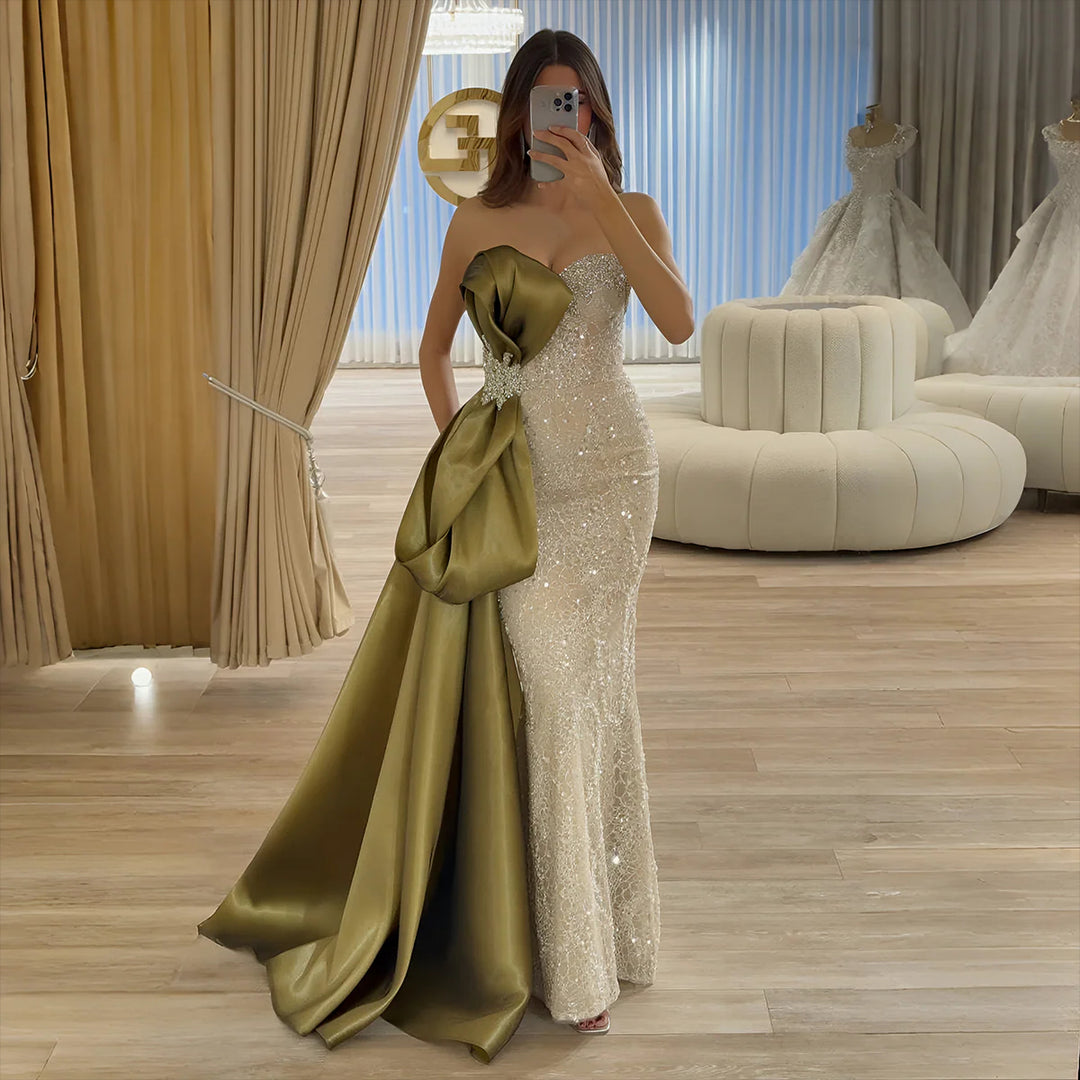 Elegant Overskirt Evening Dress with Sparkling Crystals SS617 Olive Green / 16 Elegant Overskirt Evening Dress with Sparkling Crystals SS617 Olive Green / 16