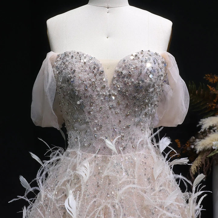 Elegant Peach Sequin Feather Ball Gown Princess Evening Dress SS724-DreamyVow