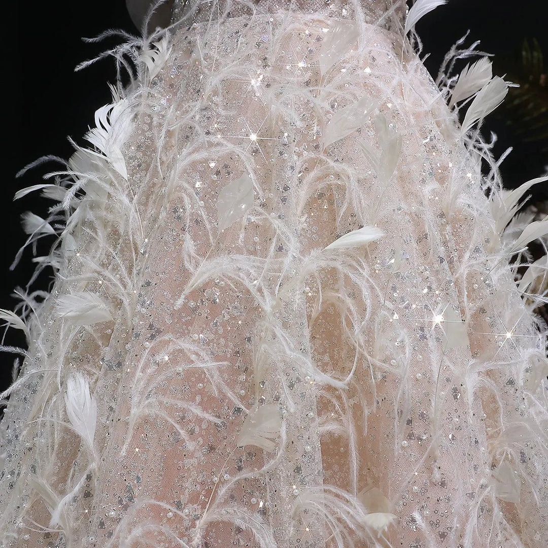 Elegant Peach Sequin Feather Ball Gown Princess Evening Dress SS724-DreamyVow