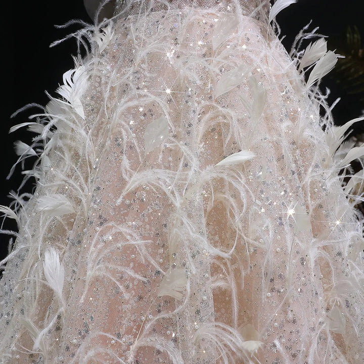 Elegant Peach Sequin Feather Ball Gown Princess Evening Dress SS724-DreamyVow