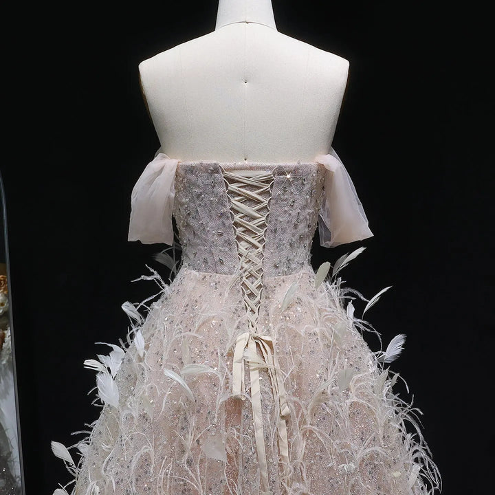 Elegant Peach Sequin Feather Ball Gown Princess Evening Dress SS724-DreamyVow