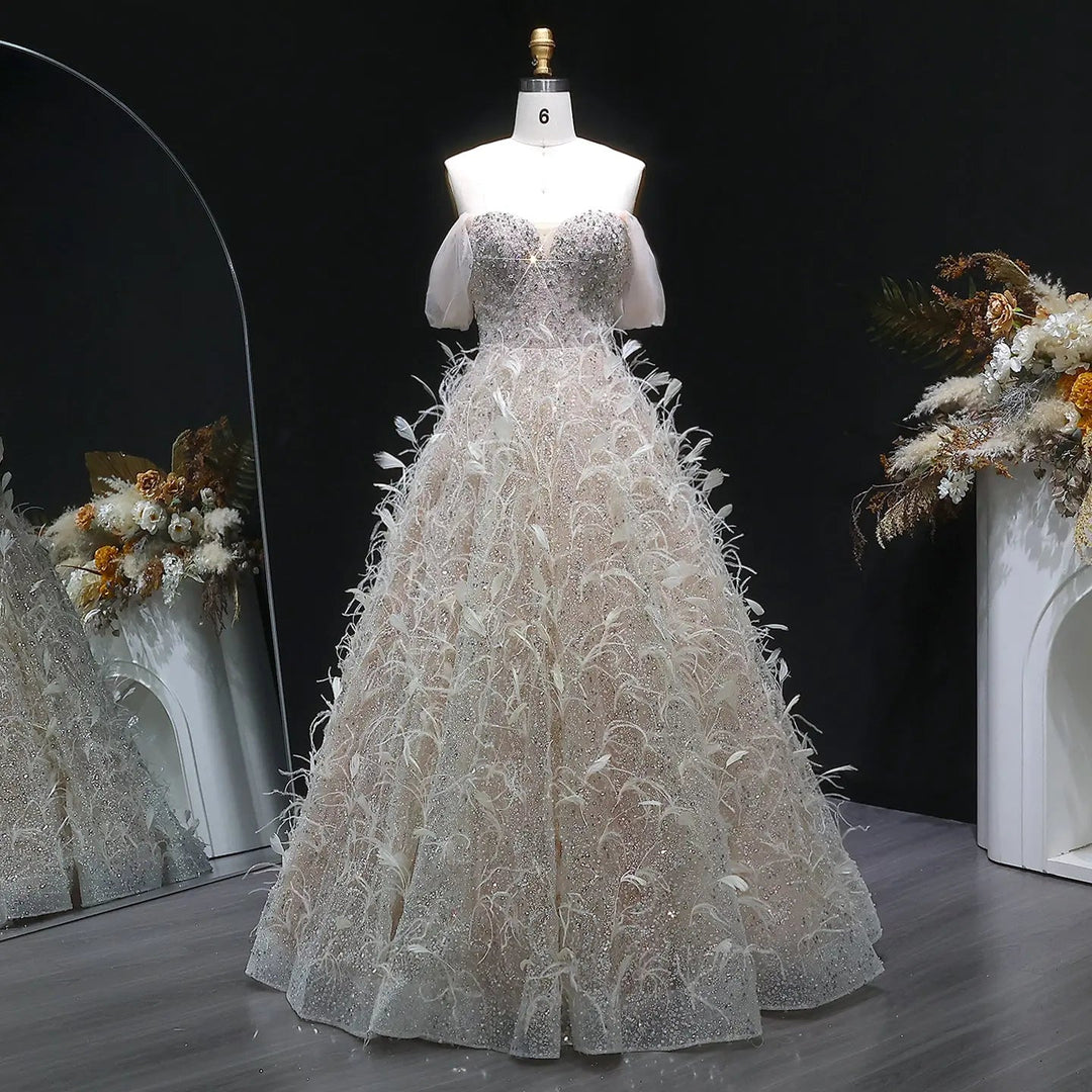 Elegant Peach Sequin Feather Ball Gown Princess Evening Dress SS724-DreamyVow