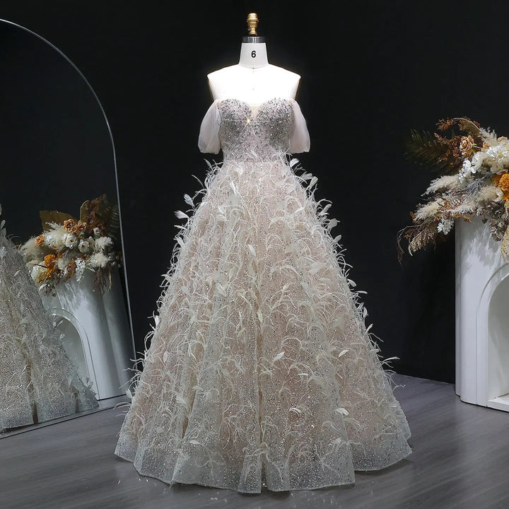 Elegant Peach Sequin Feather Ball Gown Princess Evening Dress SS724-DreamyVow