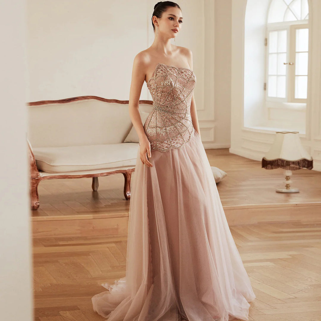 Elegant Pearl Beaded Pink Sequin Evening Gown SS287-DreamyVow