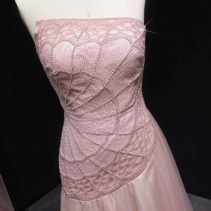 Elegant Pearl Beaded Pink Sequin Evening Gown SS287-DreamyVow