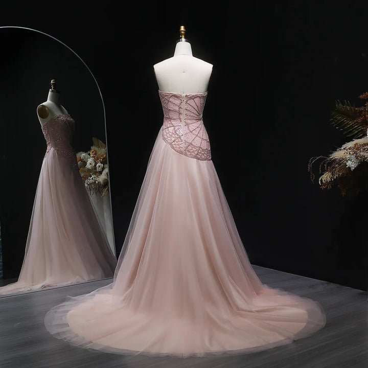 Elegant Pearl Beaded Pink Sequin Evening Gown SS287-DreamyVow