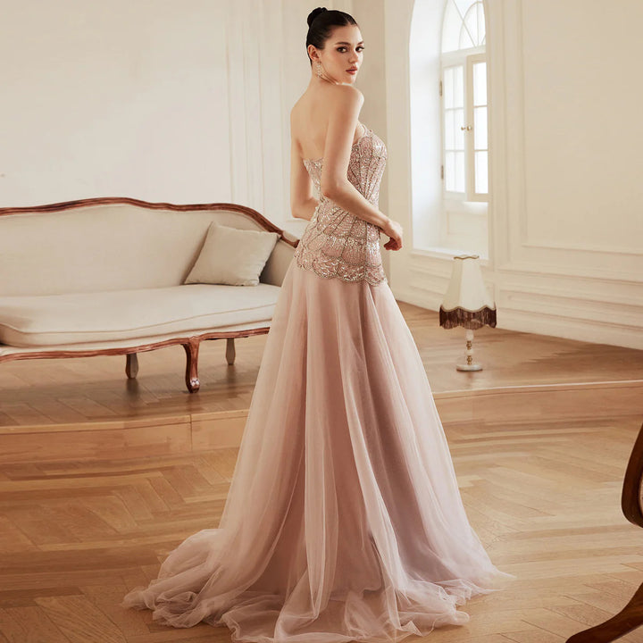 Elegant Pearl Beaded Pink Sequin Evening Gown SS287-DreamyVow