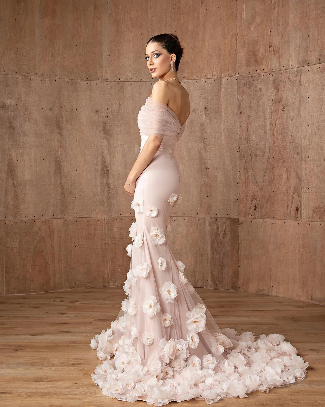 Elegant pink 3D flower off-shoulder evening dress SF383