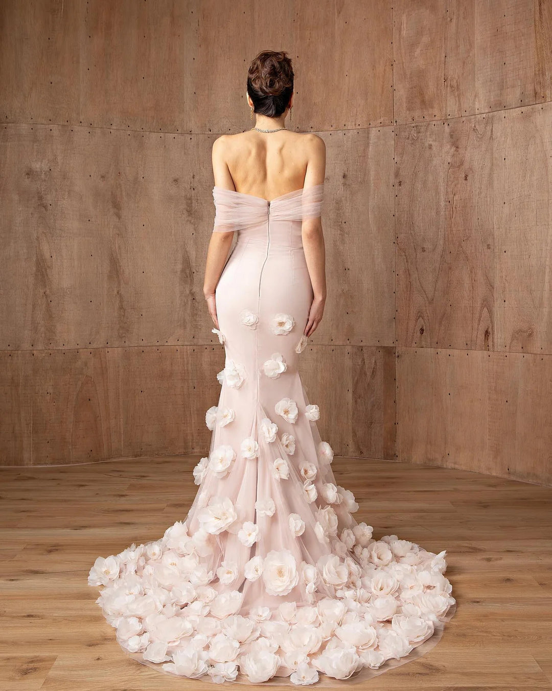 Elegant pink 3D flower off-shoulder evening dress SF383