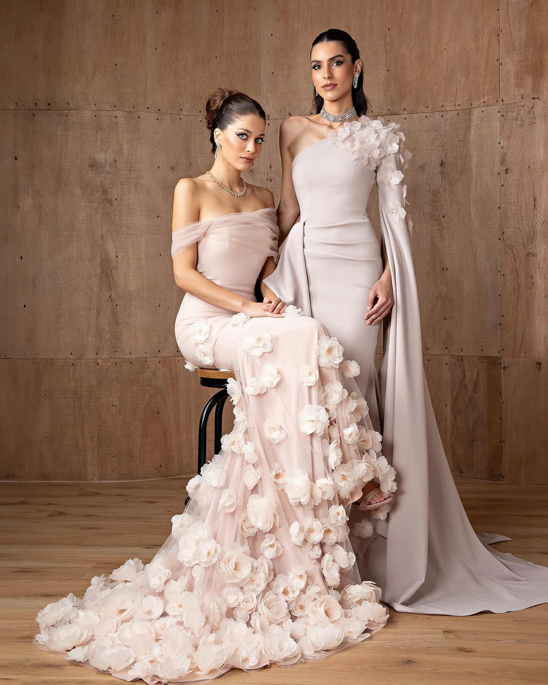 Elegant pink 3D flower off-shoulder evening dress SF383