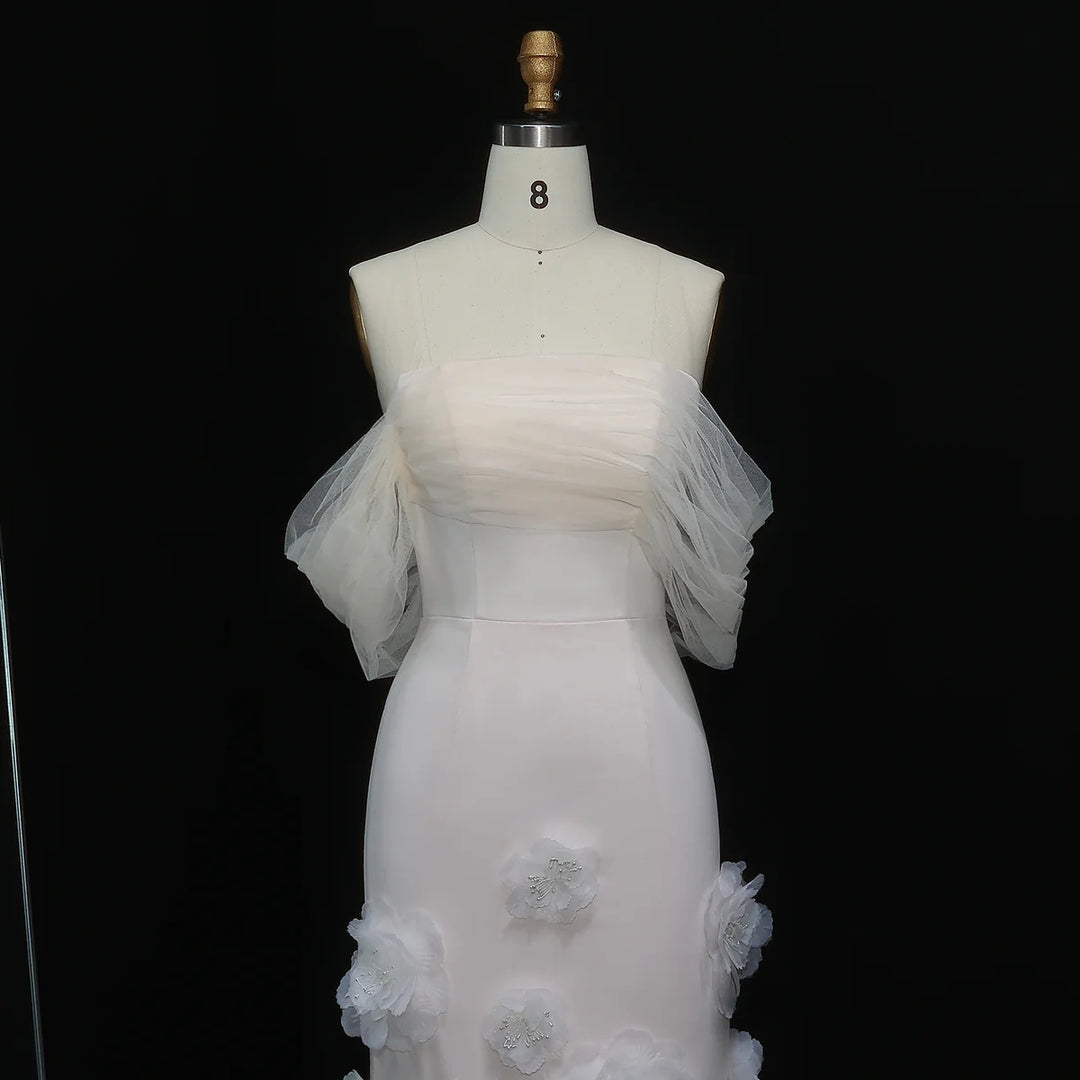 Elegant pink 3D flower off-shoulder evening dress SF383