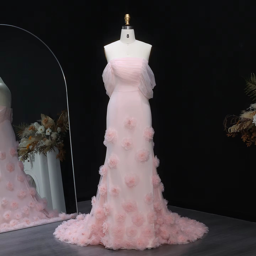 pink dress with 3d flowers Mermaid Pink Satin Sleeved Dress With 3D Flowers