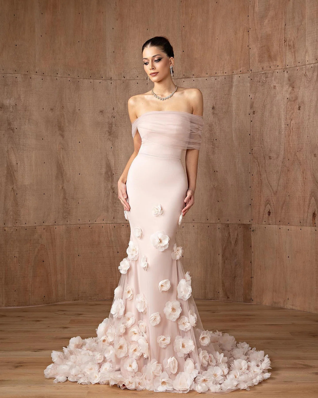 Elegant Pink 3D flower off-shoulder evening dress SF383 Baby Pink / 16