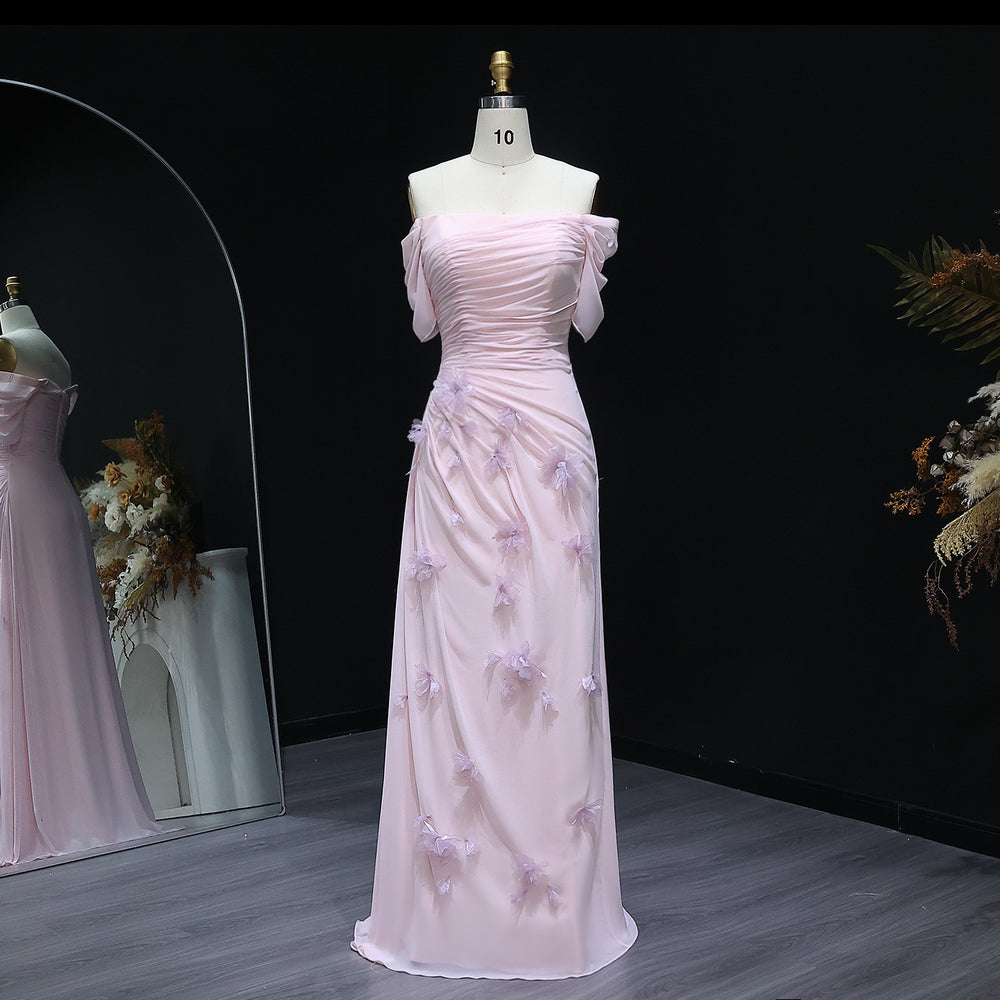 Elegant Pink 3D Flowers Off Shoulder Evening dress SF313