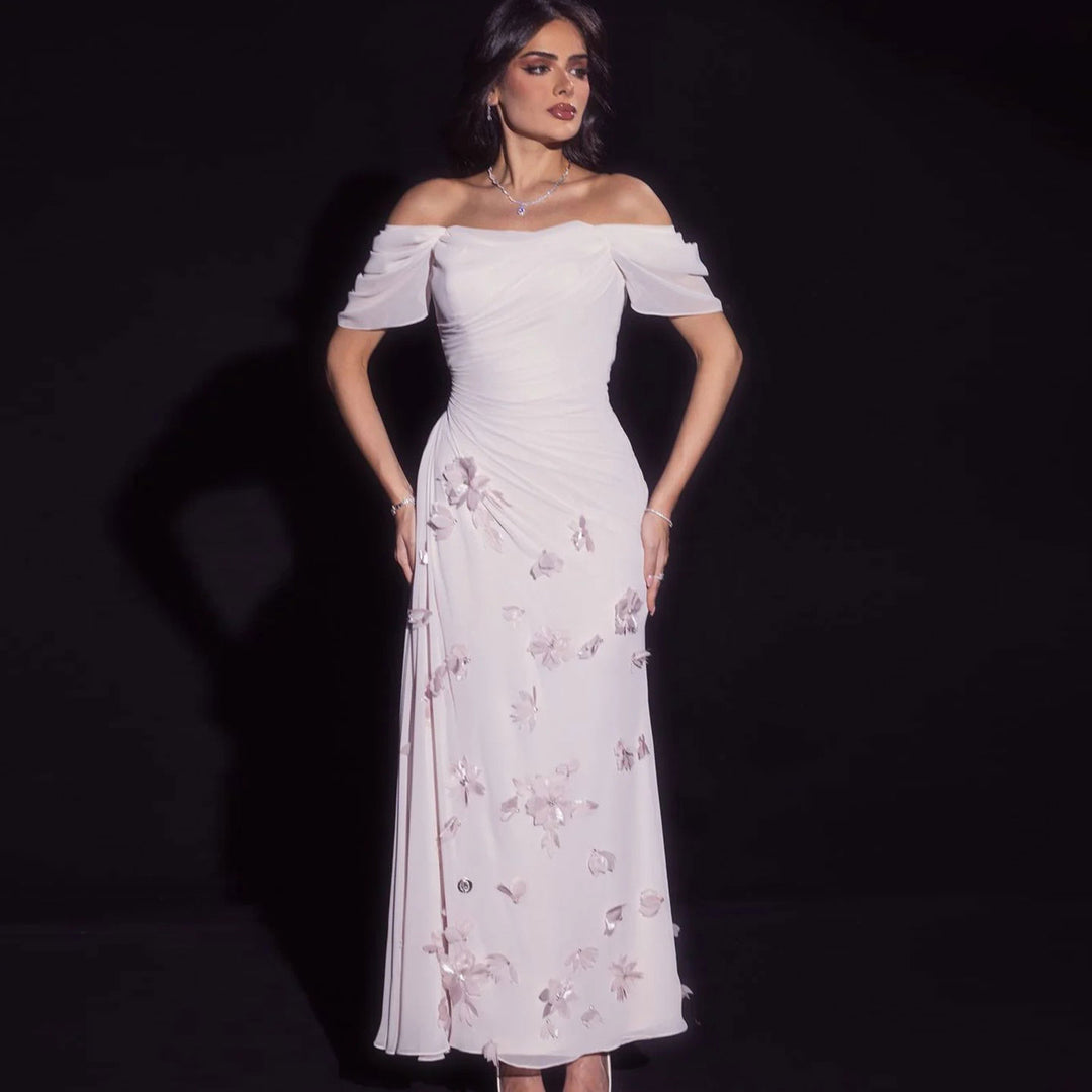Elegant Pink 3D Flowers Off Shoulder Evening dress SF313