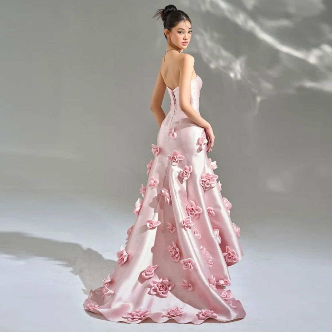 Elegant Pink 3D Flowers Strapless Evening Dress SF025