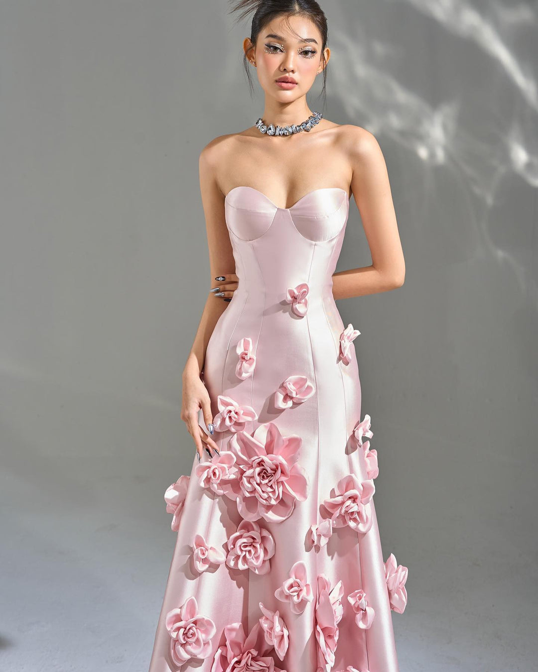 Elegant Pink 3D Flowers Strapless Evening Dress SF025 Pink / 6 Elegant Pink 3D Flowers Strapless Evening Dress SF025 Pink / 6