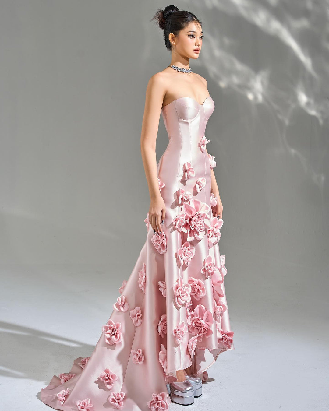 Elegant Pink 3D Flowers Strapless Evening Dress SF025 DreamyVow Elegant Pink 3D Flowers Strapless Evening Dress SF025 DreamyVow
