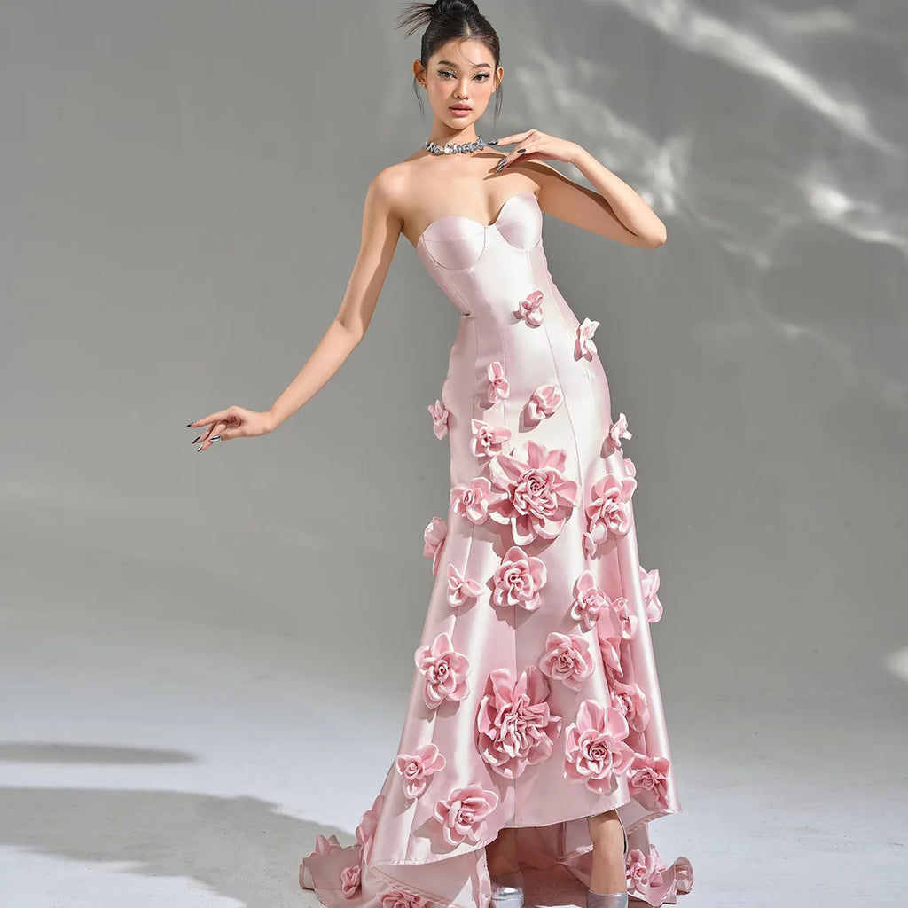 Elegant Pink 3D Flowers Strapless Evening Dress SF025 Pink / 20