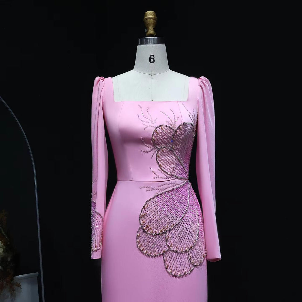 Elegant Pink Beaded Evening Dress with Long Sleeves SS262