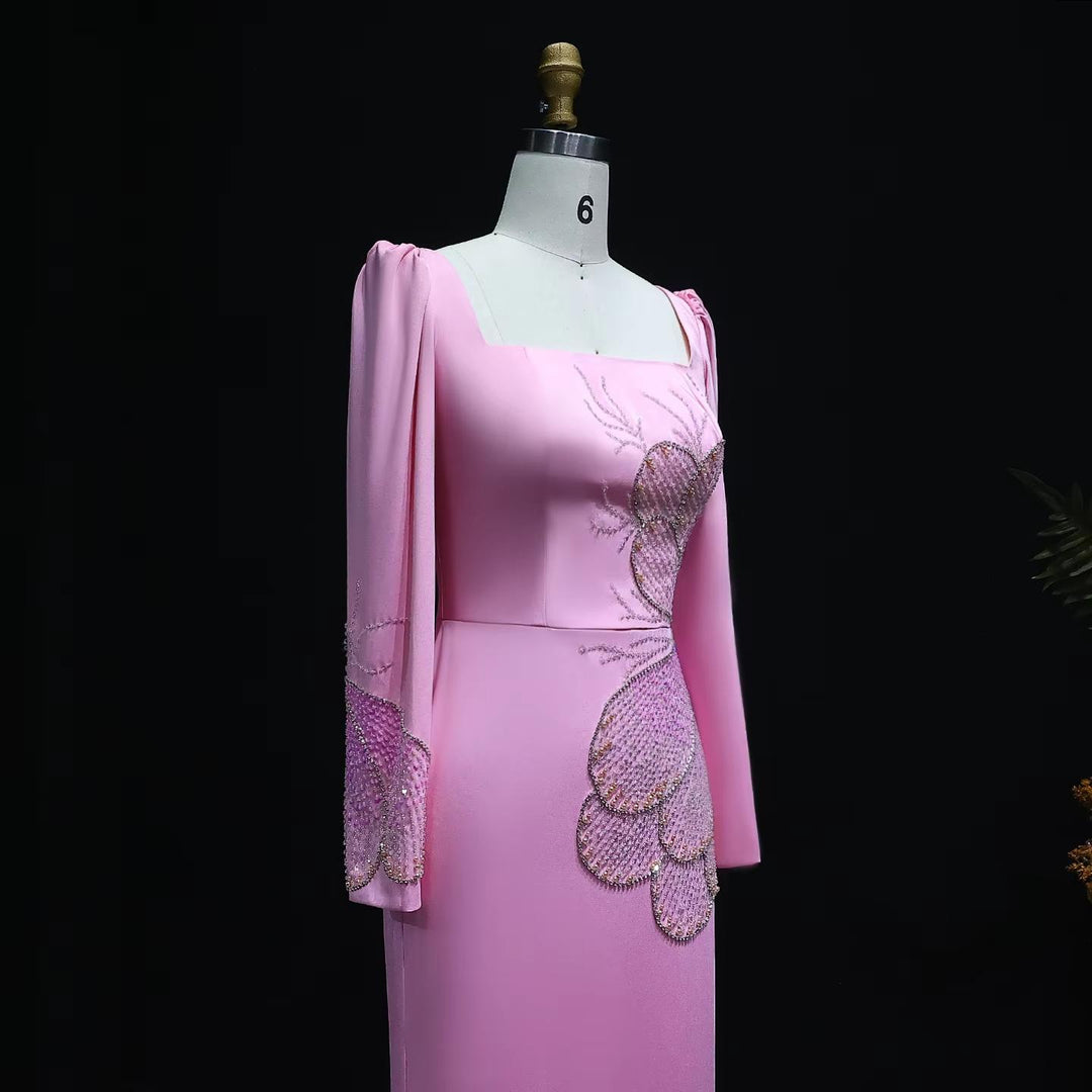 Elegant Pink Beaded Evening Dress with Long Sleeves SS262