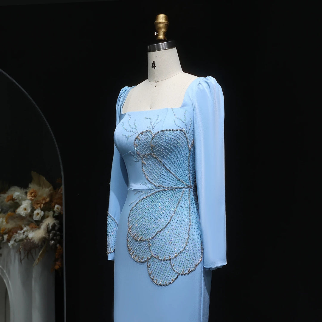 Elegant Pink Beaded Evening Dress with Long Sleeves SS262