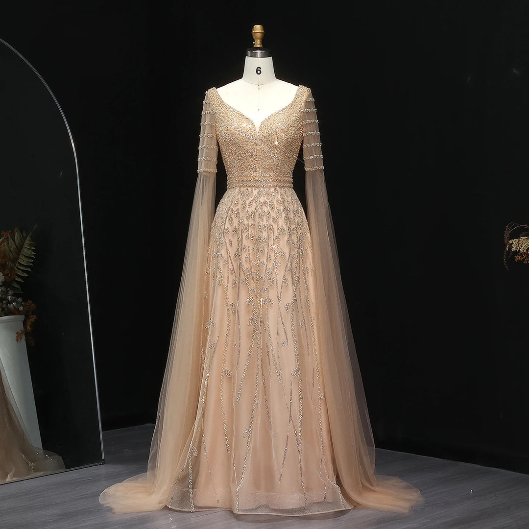 Elegant Pink Beaded Evening Gown with Cape Sleeves SS034