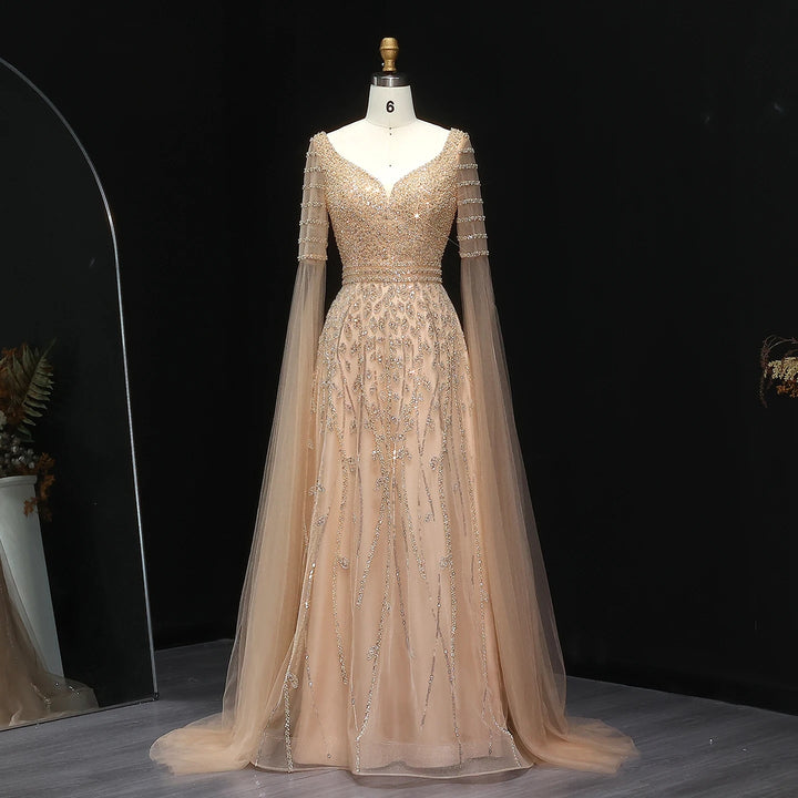 Elegant Pink Beaded Evening Gown with Cape Sleeves SS034