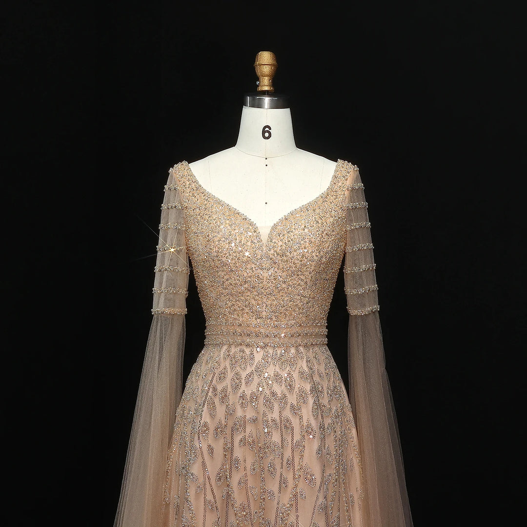 Elegant Pink Beaded Evening Gown with Cape Sleeves SS034