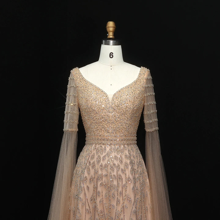 Elegant Pink Beaded Evening Gown with Cape Sleeves SS034