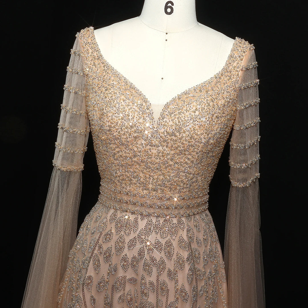 Elegant Pink Beaded Evening Gown with Cape Sleeves SS034