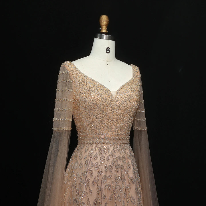 Elegant Pink Beaded Evening Gown with Cape Sleeves SS034