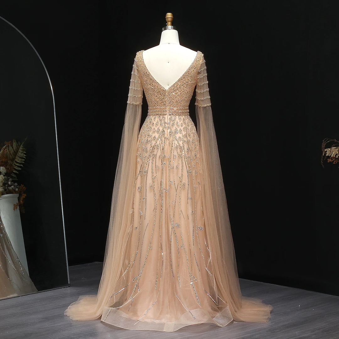 Elegant Pink Beaded Evening Gown with Cape Sleeves SS034