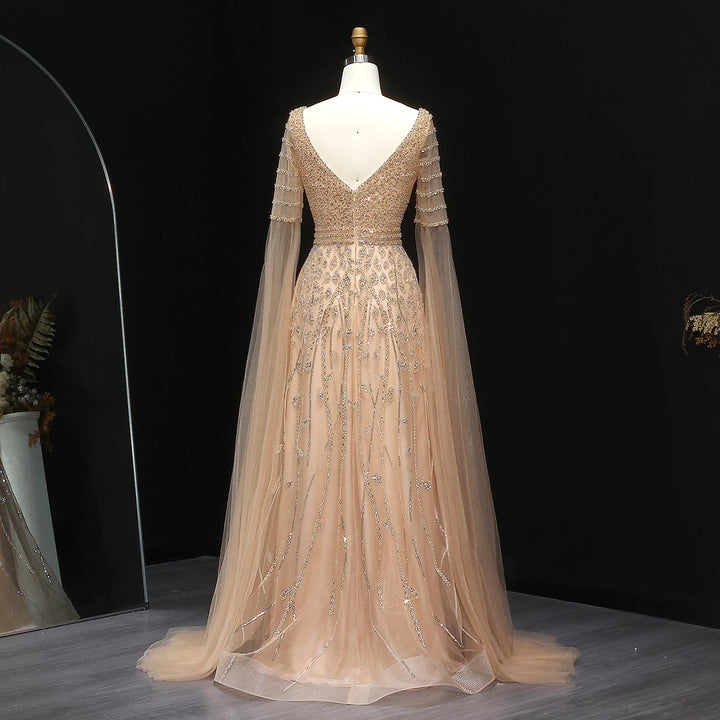 Elegant Pink Beaded Evening Gown with Cape Sleeves SS034