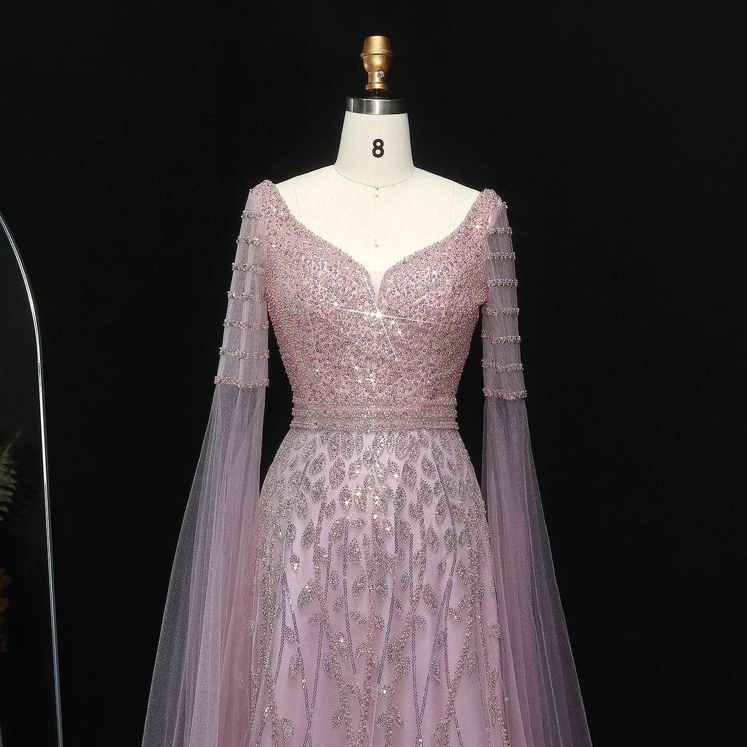 Elegant Pink Beaded Evening Gown with Cape Sleeves SS034