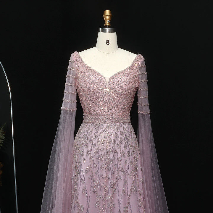 Elegant Pink Beaded Evening Gown with Cape Sleeves SS034