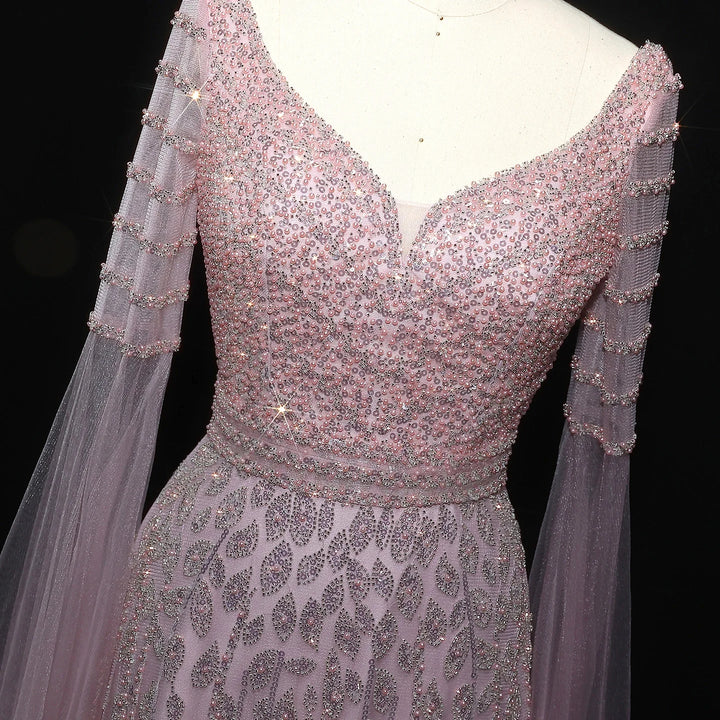 Elegant Pink Beaded Evening Gown with Cape Sleeves SS034