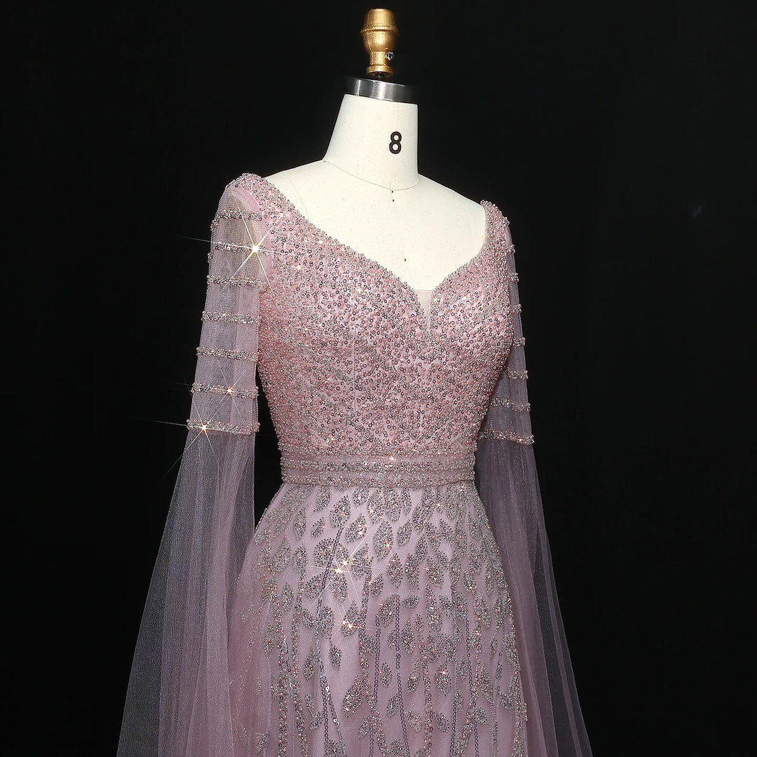 Elegant Pink Beaded Evening Gown with Cape Sleeves SS034