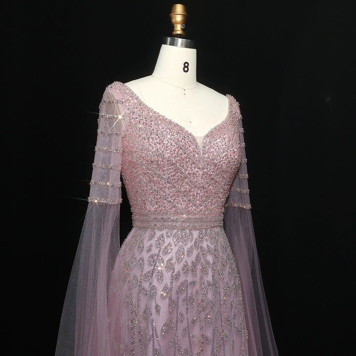 Elegant Pink Beaded Evening Gown with Cape Sleeves SS034
