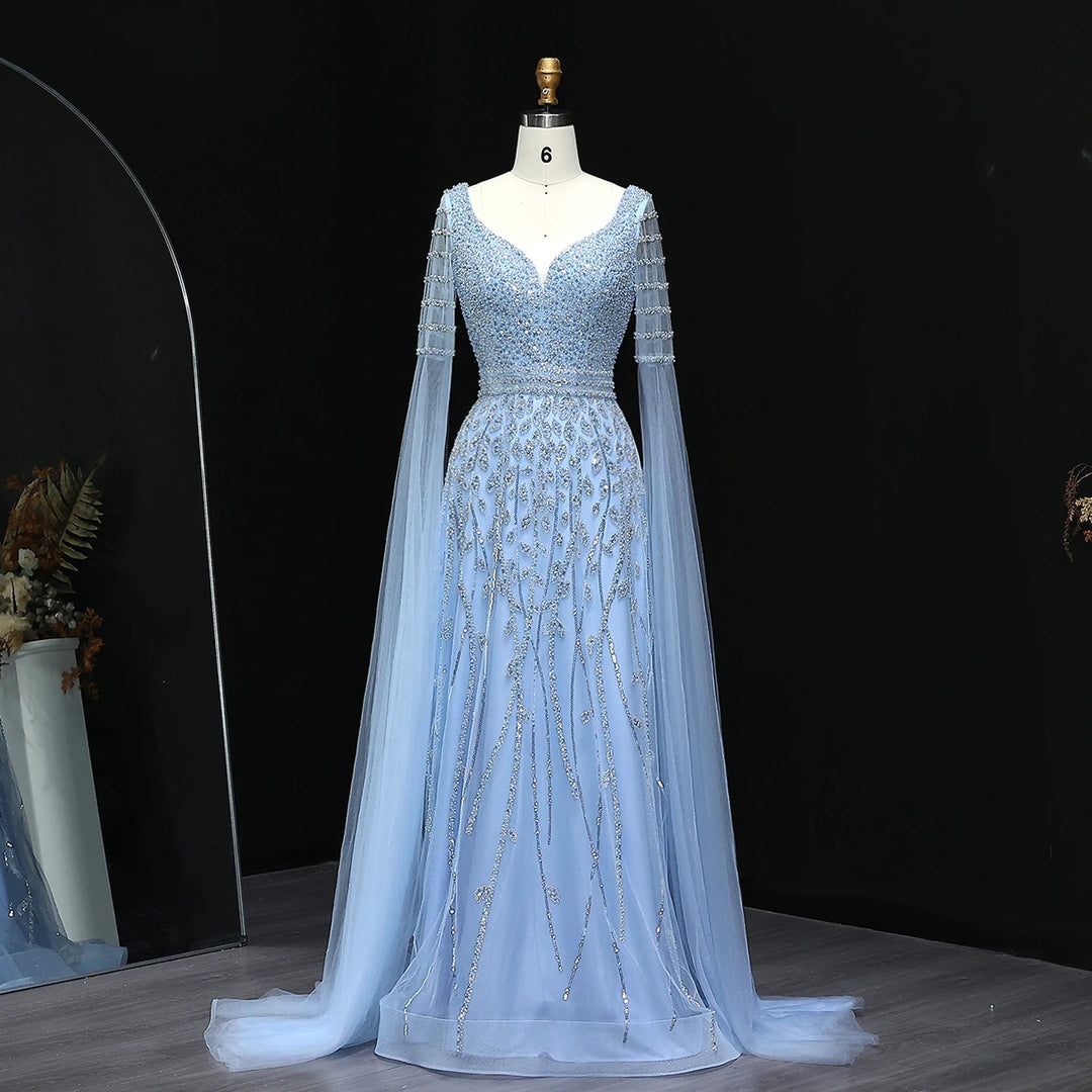 Elegant Pink Beaded Evening Gown with Cape Sleeves SS034