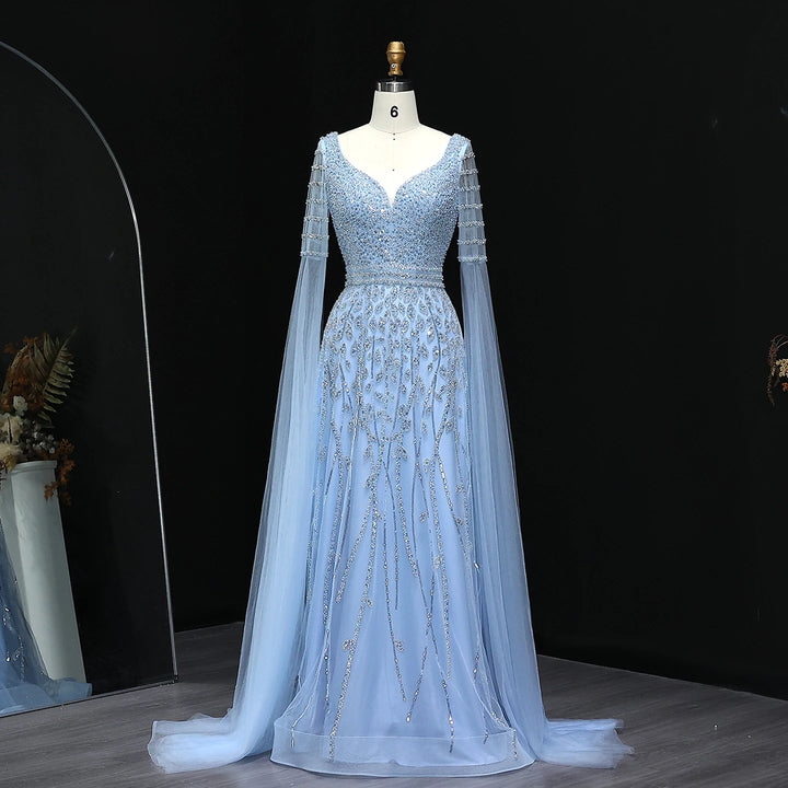 Elegant Pink Beaded Evening Gown with Cape Sleeves SS034