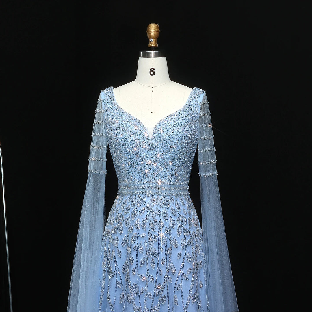 Elegant Pink Beaded Evening Gown with Cape Sleeves SS034