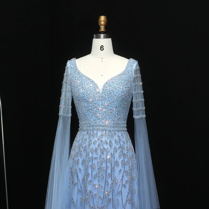 Elegant Pink Beaded Evening Gown with Cape Sleeves SS034