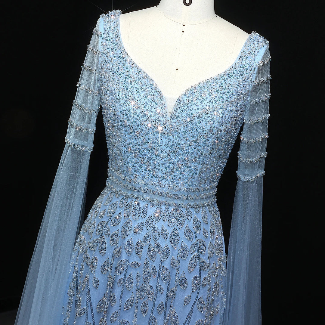 Elegant Pink Beaded Evening Gown with Cape Sleeves SS034