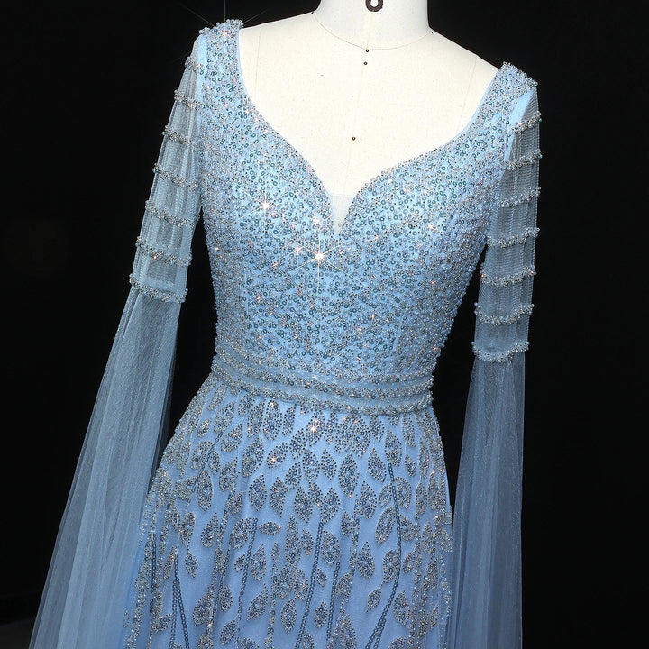 Elegant Pink Beaded Evening Gown with Cape Sleeves SS034