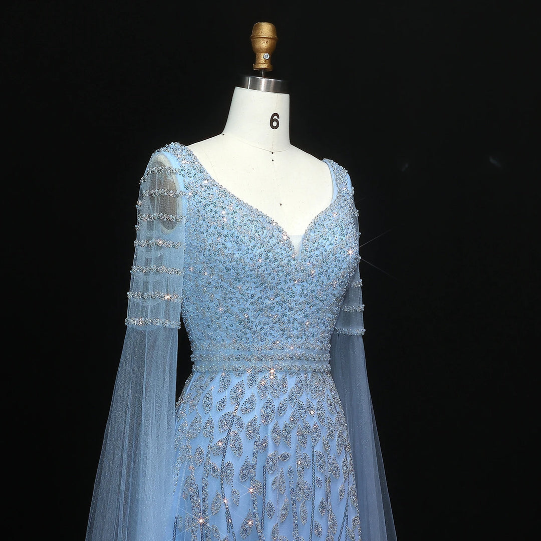 Elegant Pink Beaded Evening Gown with Cape Sleeves SS034